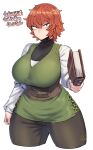 1girl belt black_pants book breasts copyright_request cowboy_shot cropped_legs highres holding holding_book huge_breasts legs_apart looking_at_viewer pants pantyhose red_eyes redhead short_hair skirt solo spacezin thick_thighs thighs translation_request tsurime tunic 