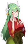  1girl bangs blush breasts dragon_girl dragon_horns fate/grand_order fate_(series) felnemo flame_print green_hair green_hakama hakama highres horns japanese_clothes kimono kiyohime_(fate) long_hair long_sleeves looking_at_viewer medium_breasts multiple_horns open_mouth red_kimono smile solo thighs wide_sleeves yellow_eyes 