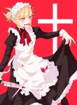  1girl apron bags_under_eyes blonde_hair blood blood_on_clothes blood_on_face blood_on_knife blush boku_no_hero_academia dress fang fangs hair_bun highres knife maid maid_apron maid_headdress necktie open_mouth red_background simple_background skirt_hold slit_pupils solo toga_himiko vvd_clr yellow_eyes 