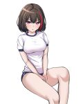  1girl bang_dream! bangs between_legs black_hair blue_buruma blush breasts buruma commentary_request eyebrows_visible_through_hair feet_out_of_frame gym_uniform hair_between_eyes hand_between_legs highres invisible_chair knee_up korean_commentary looking_at_viewer medium_breasts mitake_ran multicolored_hair parted_lips pink_eyes ptal redhead shirt short_hair short_sleeves simple_background sitting solo streaked_hair two-tone_hair v_arms white_background white_shirt 