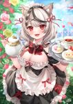  1girl :d absurdres animal_ear_fluff animal_ears apron bangs black_dress black_hair black_hairband blush bow bowtie braid breasts cake cake_slice cat_ears cup dress ear_piercing eyebrows_visible_through_hair fang flower food frilled_apron frilled_dress frilled_sleeves frills grey_hair hair_ornament hairband highres holding holding_teapot holding_tray hololive kebaboishii large_breasts looking_at_viewer multicolored_hair petals piercing pink_flower pink_rose plate red_bow red_bowtie red_eyes red_flower red_ribbon red_rose ribbon rose sakamata_chloe saucer short_sleeves smile solo standing strawberry_shortcake streaked_hair tea teacup teapot tray twitter_username virtual_youtuber white_apron x_hair_ornament 