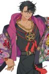  1boy black_hair black_shirt butchi earrings facing_viewer highres jewelry long_sleeves looking_to_the_side male_focus multicolored_clothes multicolored_hair necklace pants paradox_live purple_hair ring shirt smile solo suiseki_iori violet_eyes white_background 