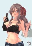  1girl alternate_costume alternate_hairstyle black_bra blue_background bottle bra breasts brown_eyes commentary_request cup denim drinking_glass grey_hair highres jeans kantai_collection large_breasts mizunototori pants pola_(kancolle) red_ribbon ribbon simple_background solo thick_eyebrows underwear wavy_hair wine_bottle wine_glass 