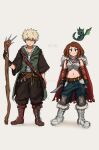  1boy 1girl artist_name bakugou_katsuki belt black_gloves blonde_hair boku_no_hero_academia boots brown_belt brown_eyes brown_footwear brown_hair dragon echo1069479 fingerless_gloves full_body gloves highres holding holding_knife holding_staff jewelry knee_pads knife looking_at_viewer midriff multiple_necklaces navel necklace short_hair simple_background sketch staff standing uraraka_ochako white_background white_footwear 