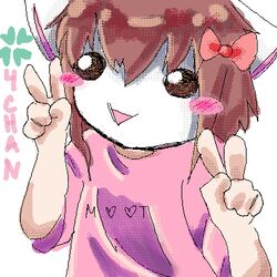 1girl 4chan animal_ears artist_request blush blush_stickers bow bow_(weapon) brown_eyes brown_hair cat_ears double_v fake_animal_ears logo logo_print looking_to_the_side lowres mask_on_head moot oekaki open_mouth pale_skin pink_clothes pink_dress pink_shirt pink_sleeves pixel_art red_bow red_headwear shirt short_hair simple_background solo t-shirt v white_background