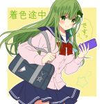  1girl alternate_costume bag bangs blue_skirt blush border bow bowtie breasts buttons closed_mouth collared_shirt commentary_request eyebrows_visible_through_hair eyelashes fingernails frog_hair_ornament gohei green_eyes green_hair hair_between_eyes hair_ornament hair_tubes hands_up kochiya_sanae long_sleeves looking_at_viewer medium_breasts nail_polish okawa_friend outside_border phone pink_nails pink_shirt puffy_long_sleeves puffy_sleeves purple_bag red_bow red_bowtie sailor_collar school_uniform shirt skirt smile snake_hair_ornament solo speech_bubble star_(symbol) touhou translation_request white_border white_shirt yellow_background 