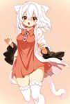  1girl ameyu_(rapon) animal_ears breasts cat_ears cat_girl cat_tail dress fang highres long_sleeves medium_breasts open_clothes open_mouth original red_eyes short_hair sweater sweater_dress tail thigh-highs white_hair white_legwear wide_sleeves zettai_ryouiki 