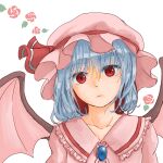 1girl bat_wings blue_hair brooch closed_mouth collarbone dress expressionless floral_background flower frills hat hat_ribbon head_tilt jewelry looking_at_viewer mangetsu_(yayoi) mob_cap pink_dress pink_shirt puffy_short_sleeves puffy_sleeves red_eyes red_ribbon remilia_scarlet ribbon rose shirt short_hair short_sleeves solo touhou upper_body wings 