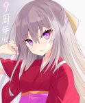  1girl absurdres bangs blush bow commentary_request eyebrows_visible_through_hair grey_hair hair_between_eyes hair_bow hand_up highres hizaka japanese_clothes kamikaze_(kancolle) kantai_collection kimono looking_at_viewer obi open_mouth red_kimono sash short_sleeves solo sweat tasuki violet_eyes wide_sleeves yellow_bow 