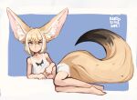  1girl :/ absurdres animal_ear_fluff animal_ears arm_support artist_name bangs barefoot blonde_hair blue_background blush bob_cut border bright_pupils closed_mouth collarbone commentary crop_top crossed_bangs dated english_commentary eyebrows_visible_through_hair flat_chest fox_ears fox_girl fox_tail full_body hair_between_eyes highres kart_prowler large_ears large_tail legs_together light_blush looking_at_viewer lying midriff multicolored_hair navel on_side original shiny shiny_hair shirt short_shorts shorts sidelocks signature simple_background sketch sleeveless sleeveless_shirt solo streaked_hair tail two-tone_hair v-shaped_eyebrows white_border white_hair white_pupils white_shirt white_shorts yellow_eyes 