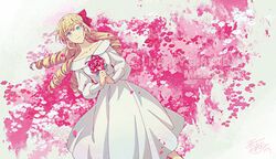  1girl aono_shimo artist_name blonde_hair blue_eyes character_name claire_francois collarbone dress drill_hair english_text field flower flower_field hair_ribbon happy_birthday highres light_smile long_hair long_sleeves off-shoulder_dress off_shoulder petals red_ribbon ribbon signature solo watashi_no_oshi_wa_akuyaku_reijou white_dress 