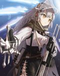  1girl arknights artist_name bangs black_shorts breasts bright_pupils closed_mouth fartooth_(arknights) feather_hair floating floating_object gauntlets glint gradient gradient_background high-waist_shorts highres holding holding_weapon long_hair long_sleeves medium_breasts outstretched_arm quiver shironekoban shirt shorts signature silver_hair solo suspender_shorts suspenders very_long_hair visor_(armor) weapon white_shirt yellow_eyes 