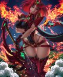 1girl absurdres arm_under_breasts bangs bob_cut boots breasts circlet fingerless_gloves fire flower gloves grin highres hlulani holding holding_sword holding_weapon lips medium_hair night night_sky pyra_(xenoblade) red_eyes red_footwear red_shorts redhead short_sleeves shorts signature sky smile sword teeth thigh-highs thigh_boots weapon white_flower xenoblade_chronicles xenoblade_chronicles_(series) 