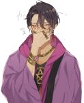  1boy black_hair black_shirt blush bracelet butchi covering_mouth earrings facing_viewer highres jacket jewelry long_sleeves looking_to_the_side male_focus multicolored_hair necklace paradox_live purple_hair purple_jacket ring shirt solo suiseki_iori translation_request violet_eyes white_background 