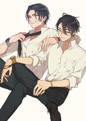  2boys belt black_hair blue_hair bracelet butchi cigarette collared_shirt ear_piercing earrings highres jewelry kanbayashi_yohei looking_at_another looking_to_the_side multiple_boys necktie pants paradox_live piercing ring shirt shoes short_hair suiseki_iori violet_eyes white_background white_shirt yellow_eyes 