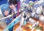  black_hair blue_hair blush braid dual_wielding fire glowing glowing_eye glowing_eyes green_eyes hair_behind_ear holding holding_sword holding_weapon mecha nervous novel_illustration official_art ore_wa_hoshi_ma_kokka_no_akutoku_ryoshu! science_fiction second-party_source side_braid sword takamine_nadare weapon 