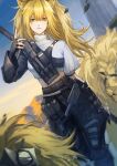  1girl animal animal_ear_fluff animal_ears arknights arm_behind_back asymmetrical_clothes bangs black_gloves black_pants blonde_hair blue_sky closed_mouth day eyebrows_visible_through_hair feet_out_of_frame fingerless_gloves gloves gradient_sky highres holding lion lion_ears long_hair long_sleeves looking_at_viewer midriff mountainous_horizon navel official_alternate_costume outdoors pants ponytail shirt siege_(arknights) siege_(city_destroyer)_(arknights) sky solo standing white_shirt xiaojiaguoguowang yellow_eyes 