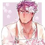  1boy apron bangs bouquet cherry_blossoms facial_hair hair_between_eyes lilac_(live_a_hero) live_a_hero looking_down male_focus multicolored_hair pectoral_cleavage pectorals shirt short_hair simple_background solo stubble taki_(1904) thick_eyebrows 