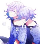  2boys androgynous bad_id bad_twitter_id blue_hair brothers collar head_on_another&#039;s_shoulder leaning_forward male_focus multicolored_hair multiple_boys paradox_live purple_hair shikisima_noll short_hair short_sleeves siblings twins violet_eyes white_background yatonokami_kanata yatonokami_nayuta 