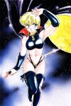  1990s_(style) 1girl amagi_kei arm_up black_footwear blonde_hair boots cape cape_lift highres holding holding_wand ikinari!_can2 moon navel night night_sky non-web_source official_art open_mouth retro_artstyle scan short_hair sky solo star_(sky) starry_sky thigh-highs thigh_boots traditional_media wand wind wind_lift 