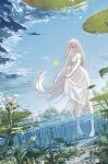 1girl :o absurdres bangs barefoot blunt_bangs brown_eyes bug butterfly clouds commentary day dress highres lily_pad long_hair original outdoors partially_submerged partially_underwater_shot scenery skirt_hold sky solo standing symbol-only_commentary tngn96 wading water white_dress white_hair 