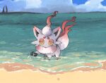  afterimage bright_pupils clouds commentary_request day hisuian_zorua ii_ebidashi looking_down motion_lines no_humans outdoors pokemon pokemon_(creature) sand shore sky solo water watermark white_pupils yellow_eyes 