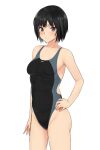  1girl amagami black_eyes black_hair black_swimsuit breasts competition_swimsuit cowboy_shot hand_on_hip highres looking_at_viewer nanasaki_ai one-piece_swimsuit short_hair simple_background small_breasts solo standing swimsuit two-tone_background white_background ykh1028 