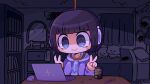  1girl bedroom bob_cut can closed_mouth computer desk double_v eyebrows_visible_through_hair headphones hood hooded_jacket indie_virtual_youtuber jacket kyuusai-chan laptop long_sleeves mouse_(computer) noose open_clothes open_jacket pepoyo purple_hair purple_jacket purple_shirt purple_theme shirt short_hair smile soda_can solo sweat v violet_eyes virtual_youtuber white_headwear 