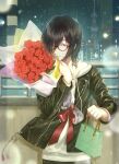  1boy absurdres amatou_cacao black_hair black_jacket bouquet bow building eyebrows_visible_through_hair eyes_visible_through_hair flower gift glasses hair_over_one_eye highres holding holding_bouquet holding_flower holding_gift hood hoodie jacket light_particles looking_at_viewer male_focus night open_clothes open_jacket original parted_lips railing rain red-framed_eyewear red_bow rose solo tassel violet_eyes white_hoodie zipper 