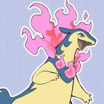  commentary commentary_request fang fire grey_background grid_background hisuian_typhlosion kelvin-trainerk looking_down open_mouth outline pink_fire pokemon pokemon_(creature) red_eyes smile tongue twitter_username watermark 