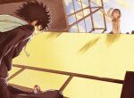  1boy 1girl arm_up black_eyes black_hair black_jacket black_pants bow bowtie brown_eyes brown_hair brown_jacket clouds cloudy_sky colorized commentary day from_below gazing_eye haimura_kiyotaka head-mounted_display highres jacket kamijou_touma kneeling long_sleeves looking_at_another looking_down looking_up medium_hair misaka_imouto misaka_imouto_10032 novel_illustration official_art open_mouth pants red_bow school_uniform short_hair sitting sky smile spiky_hair spoilers surprised sweatdrop teeth toaru_majutsu_no_index toaru_majutsu_no_index:_new_testament tokiwadai_school_uniform upper_teeth wall waving 