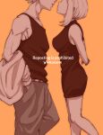  1boy 1girl arms_behind_back bakugou_katsuki black_dress black_tank_top boku_no_hero_academia breasts dress faceless faceless_female from_side hands_in_pockets head_out_of_frame hetero imminent_kiss kaki_piyo large_breasts monochrome orange_background profile sidelocks standing tank_top uraraka_ochako 