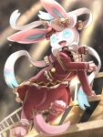  :d blue_eyes buttons clothed_pokemon commentary_request fangs frills happy highres itsudzumi long_sleeves no_humans open_mouth pants pokemon pokemon_(creature) pokemon_(game) pokemon_unite red_pants red_vest smile solo sparkle sylveon tailcoat tongue vest 