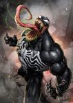  1boy absurdres black_skin claws colored_skin embers highres long_tongue male_focus marvel monster monster_boy muscular open_mouth patrick_brown sharp_teeth solo spider-man_(series) teeth tongue venom_(marvel) 