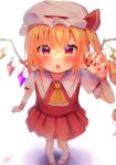  1girl ascot blonde_hair bloom blurry blush claw_pose crystal depth_of_field eyebrows_visible_through_hair flandre_scarlet from_above full_body hair_between_eyes hand_up hat hat_ribbon highres looking_at_viewer mob_cap mokyu_ra nail_polish open_mouth pointy_ears puffy_short_sleeves puffy_sleeves red_eyes red_nails red_ribbon red_skirt red_vest ribbon shirt short_sleeves signature simple_background skirt skirt_set solo touhou vest white_background white_headwear white_shirt wings wrist_cuffs 
