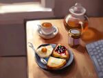  artist_name blurry blurry_background commentary cup egg english_commentary food food_focus fork indoors jam jar kay_(kf1n3) keyboard_(computer) no_humans original plate saucer signature sketch still_life tea teacup teapot toast 