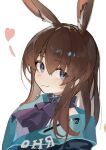  1girl amiya_(arknights) animal_ear_fluff animal_ears arknights ascot bangs blue_choker blue_coat blue_eyes brown_hair choker closed_mouth clothes_writing coat eyebrows_visible_through_hair guodong hair_between_eyes heart long_hair looking_at_viewer purple_ascot rabbit_ears sidelocks simple_background smile solo upper_body white_background 