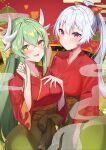  2girls absurdres bangs blush breasts dragon_girl dragon_horns fate/grand_order fate_(series) felnemo flame_print green_hair green_hakama hair_between_eyes hakama highres horns japanese_clothes kimono kiyohime_(fate) large_breasts long_hair long_sleeves looking_at_viewer medium_breasts multiple_girls multiple_horns open_mouth ponytail red_eyes red_kimono silver_hair smile thighs tomoe_gozen_(fate) wide_sleeves yellow_eyes 