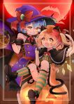  2girls animal_ears back_bow basket bat bat_wings black_capelet black_footwear blonde_hair blue_hair boots bow capelet cat_ears cat_tail closed_mouth commentary_request dress flandre_scarlet frilled_capelet frills full_moon glowing glowing_eyes green_legwear hair_bow halloween halloween_costume happy hat hat_bow holding holding_basket jack-o&#039;-lantern laspberry. mob_cap moon multiple_girls off-shoulder_dress off_shoulder open_mouth orange_dress orange_headwear orange_legwear pumpkin purple_dress purple_headwear red_bow red_eyes red_moon red_ribbon remilia_scarlet ribbon short_hair side_ponytail sitting smile striped striped_legwear tail touhou wings witch witch_hat 