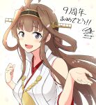  1girl ahoge artist_name bare_shoulders black_skirt brown_hair cowboy_shot dated detached_sleeves double_bun eyebrows_visible_through_hair grin hairband headgear highres japanese_clothes kantai_collection kongou_(kancolle) kongou_(kantai_collection) long_hair nontraditional_miko pleated_skirt ribbon-trimmed_sleeves ribbon_trim signature skirt smile solo um_sgrr v violet_eyes wide_sleeves 
