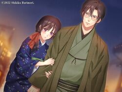  arm_at_side black_hair blue_kimono blurry blurry_background blush bow brown_kimono couple dating glasses grey_eyes hair_between_eyes hair_bow hetero highres izumi_(stardustalone) japanese_clothes kimono night outdoors red_bow renri_no_chigiri_wo_kimi_to_shiru short_hair unmoving_pattern violet_eyes watermark wide_sleeves 