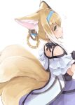  1girl animal_ear_fluff animal_ears arknights bangs bare_shoulders black_gloves blonde_hair blue_bow blue_hairband bow braid commentary_request e-bushi fox_ears fox_girl fox_tail gloves hair_between_eyes hair_bow hair_rings hairband highres kitsune multicolored_hair notice_lines off-shoulder_shirt off_shoulder parted_lips profile purple_skirt shirt simple_background skirt solo suzuran_(arknights) tail twin_braids two-tone_hair white_background white_hair white_shirt 