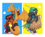  border charizard claws closed_mouth clothed_pokemon collar commentary_request decidueye fang fang_out flame-tipped_tail green_eyes hand_on_hip hand_up highres jacket looking_back no_humans pkpokopoko3 pokemon pokemon_(creature) smile standing star_(symbol) white_border yellow_eyes zipper zipper_pull_tab 