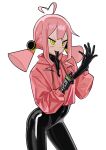  1girl absurdres adjusting_clothes adjusting_gloves ahoge android black_bodysuit bodysuit bodysuit_under_clothes glove_in_mouth gloves green_eyes heart_ahoge highres hood hoodie joints latex latex_bodysuit latex_gloves low_twintails mouth_hold original pink_hair pink_hoodie robot_joints saaal653 shiny shiny_clothes skin_tight solo twintails white_background xenon_(saaal653) 