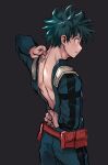  1boy back belt bodysuit boku_no_hero_academia chiyaya dressing freckles green_bodysuit green_hair grey_background highres male_focus midoriya_izuku red_belt simple_background solo zipper zipper_pull_tab zipping 