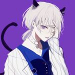  1boy animal_ears blue_shirt cat_boy cat_ears cat_tail collar ear_piercing fake_animal_ears fake_tail head_rest highres jacket jewelry long_sleeves looking_at_viewer male_focus murasaki_(mrsk_1111) natsume_ryu paradox_live piercing ponytail purple_background ring shirt short_ponytail sketch solo striped striped_jacket tail violet_eyes white_hair white_jacket 
