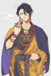  1boy black_hair bracelet butchi earrings grey_background highres jewelry looking_at_viewer male_focus multicolored_clothes multicolored_hair necklace open_mouth paradox_live pipe purple_hair ring short_hair smoke smoking solo suiseki_iori violet_eyes 