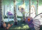  absurdres blue_eyes butterfree celebi closed_mouth commentary_request day fangs forest grass highres hoothoot nature no_humans outdoors pokemon pokemon_(creature) red_eyes ripples sentret smile suicune tree twitter_username water watermark yanagimachi 