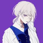  1boy blue_shirt collar ear_piercing head_rest highres jacket jewelry long_sleeves looking_at_viewer male_focus murasaki_(mrsk_1111) natsume_ryu paradox_live piercing ponytail purple_background ring shirt short_ponytail sketch solo striped striped_jacket violet_eyes white_hair white_jacket 