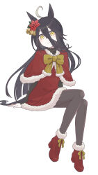 1girl absurdres ahoge animal_ears black_hair black_pantyhose blunt_ends bow bowtie capelet closed_mouth collared_dress commentary_request dress ear_flower ear_ornament fur-trimmed_capelet fur-trimmed_dress fur-trimmed_shoes fur_trim grey_hair hair_between_eyes high_heels highres horse_ears horse_girl long_hair long_hair_between_eyes looking_at_viewer manhattan_cafe_(umamusume) multicolored_hair okk1772 pantyhose red_capelet red_dress santa_costume santa_dress smile solo split_mouth umamusume very_long_hair yellow_bow yellow_bowtie yellow_eyes 
